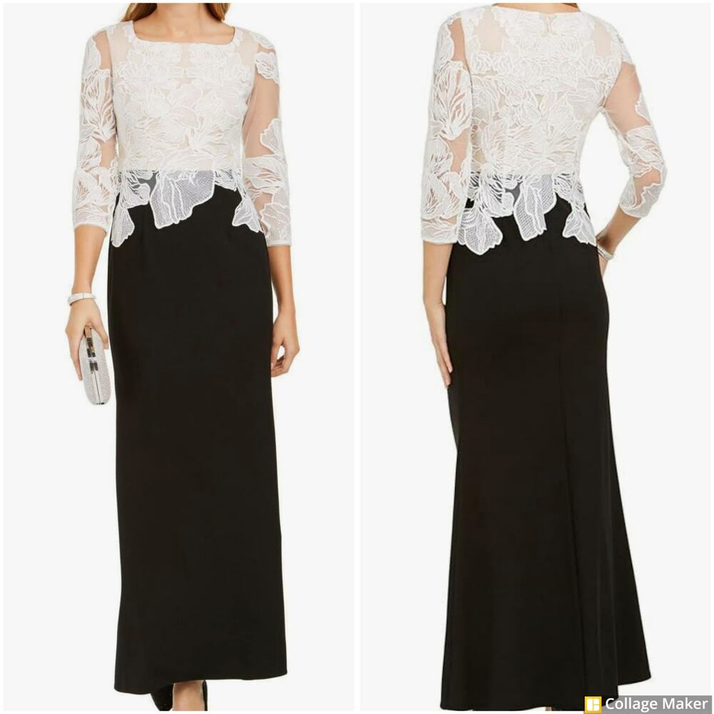 Adrianna Papell Embroidered Contrast Evening Gown Black Ivory Women's Size 2